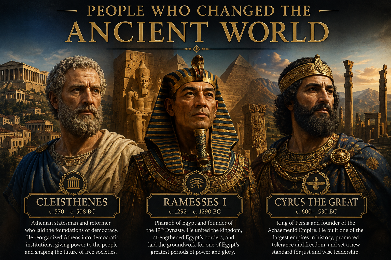 Portraits of influential rulers and thinkers from the ancient world