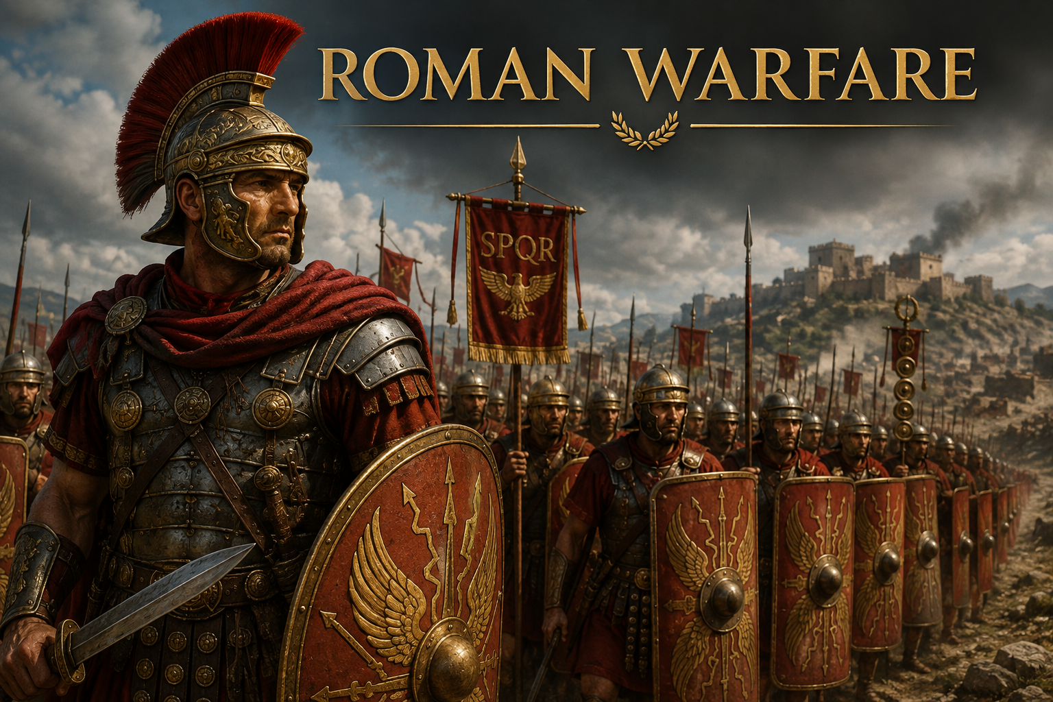 Ancient warriors carrying shields and weapons in battle